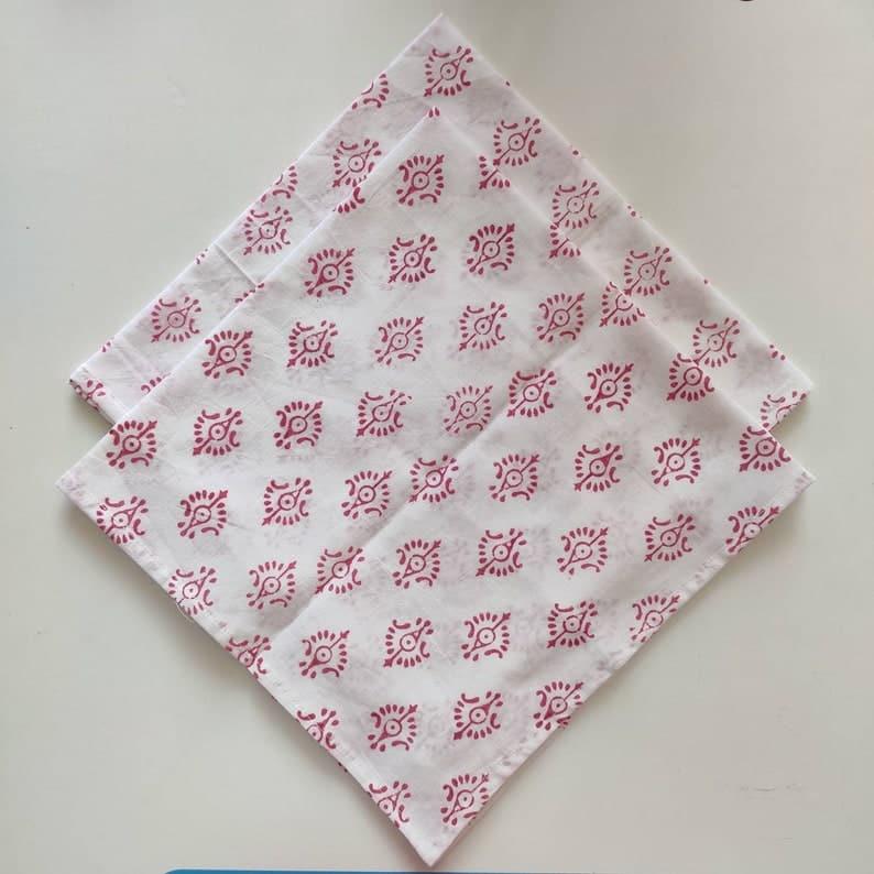 Traditional Pink and White Hand Block Printed Cotton Napkins