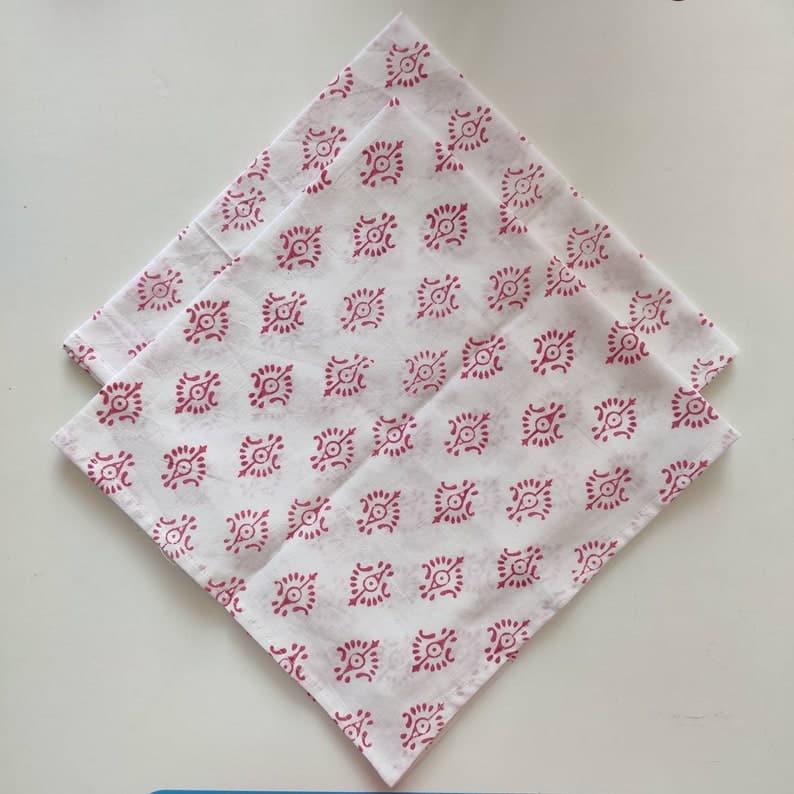 Traditional Pink and White Hand Block Printed Cotton Napkins - MAIA HOMES