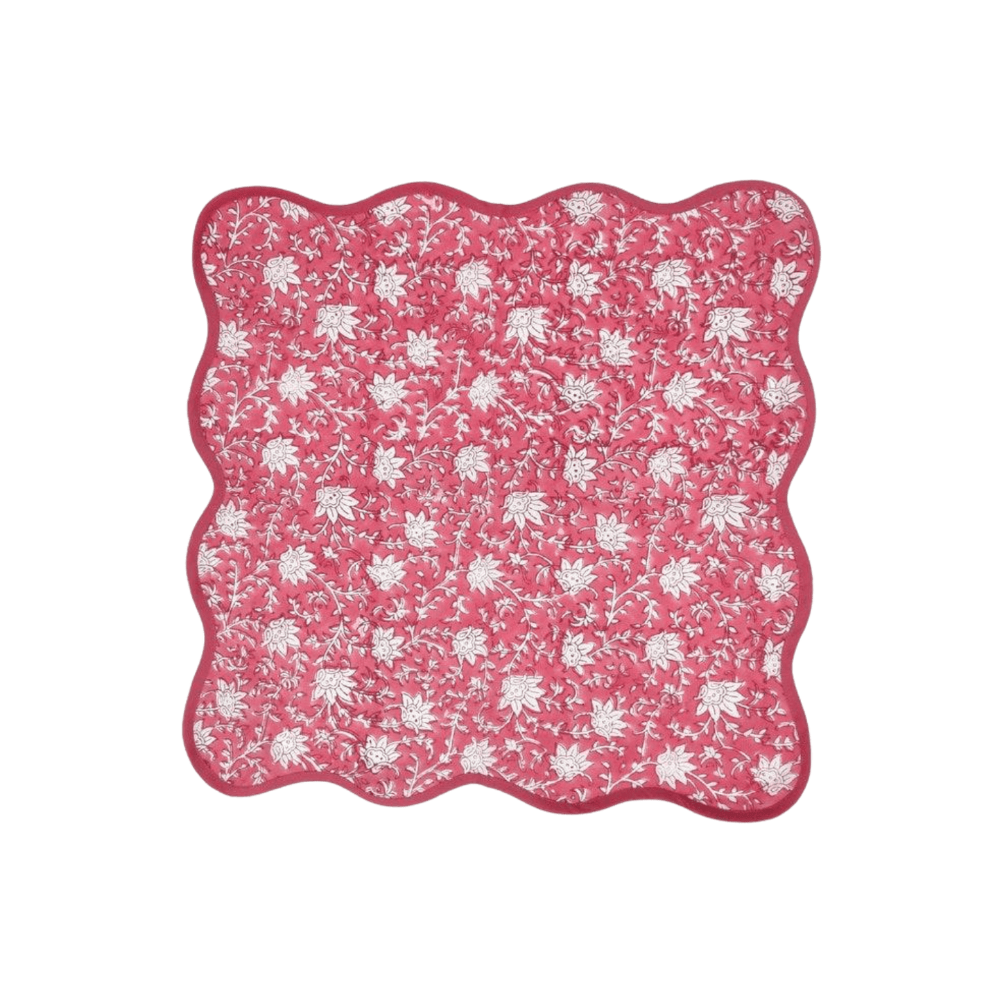 Traditional Pink Floral Block Printed Scalloped Cotton Napkins - MAIA HOMES