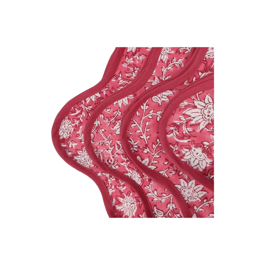 Traditional Pink Floral Block Printed Scalloped Cotton Napkins