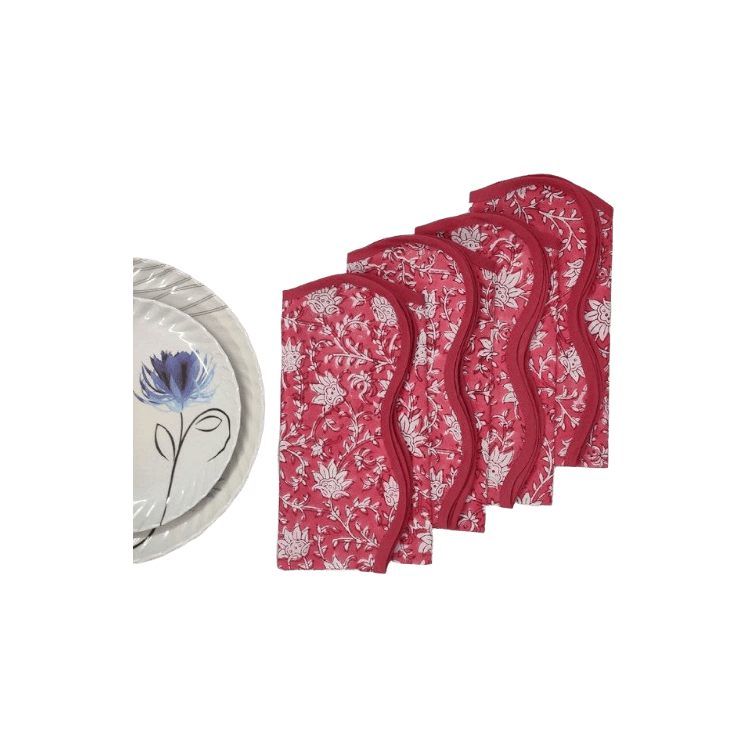 Traditional Pink Floral Block Printed Scalloped Cotton Napkins