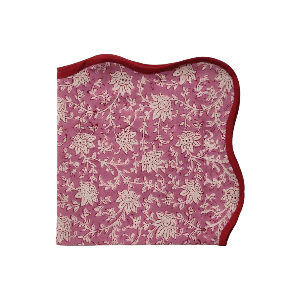 Traditional Pink Floral Block Printed Scalloped Cotton Napkins