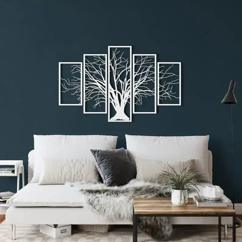 Tree of Life 5 Panel Metal Wall Hanging Decor White