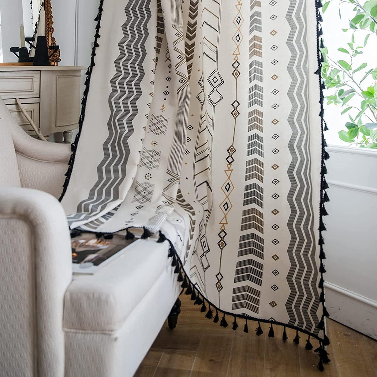 Tribal Tassel Farmhouse Cotton Linen Curtain - 2 pcs