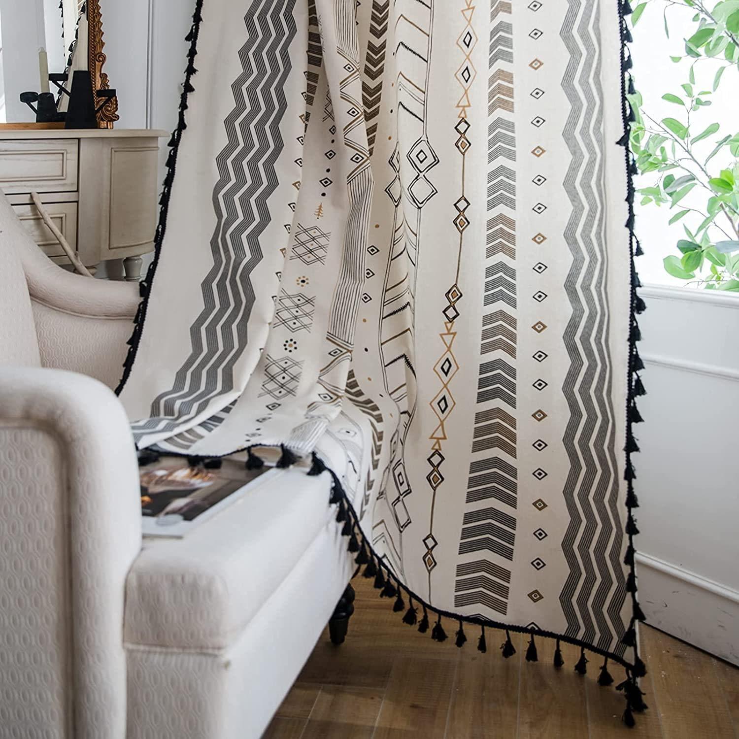 Tribal Tassel Farmhouse Cotton Linen Curtain - 2 pcs