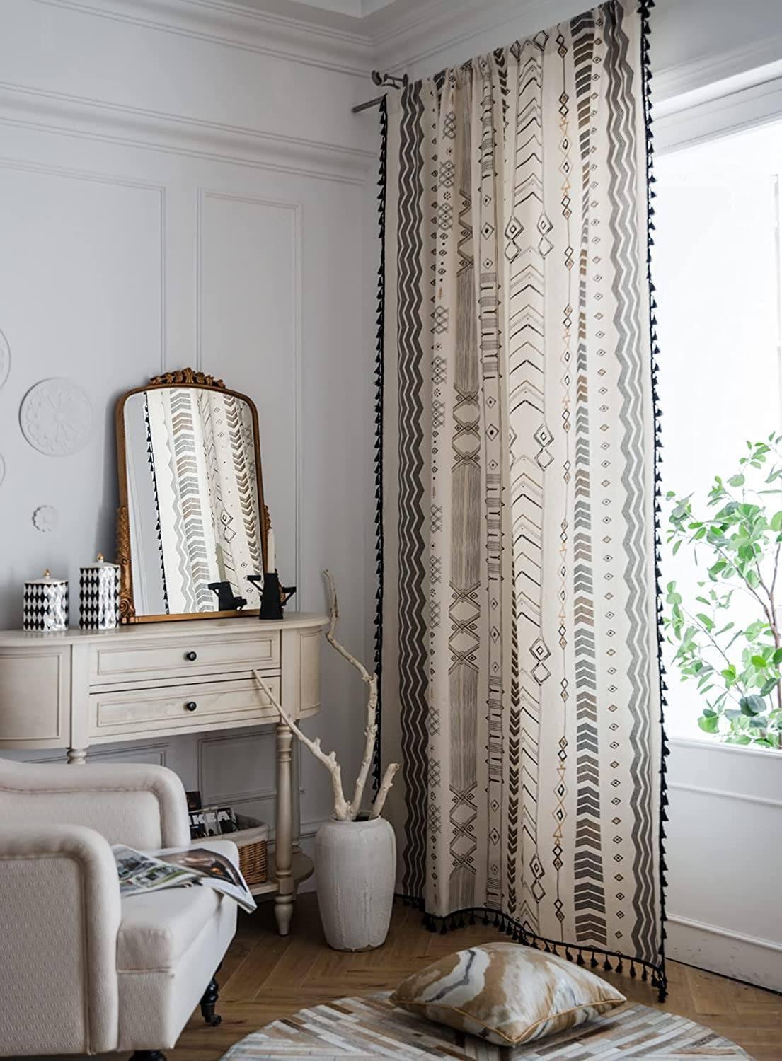 Tribal Tassel Farmhouse Cotton Linen Curtain - 2 pcs