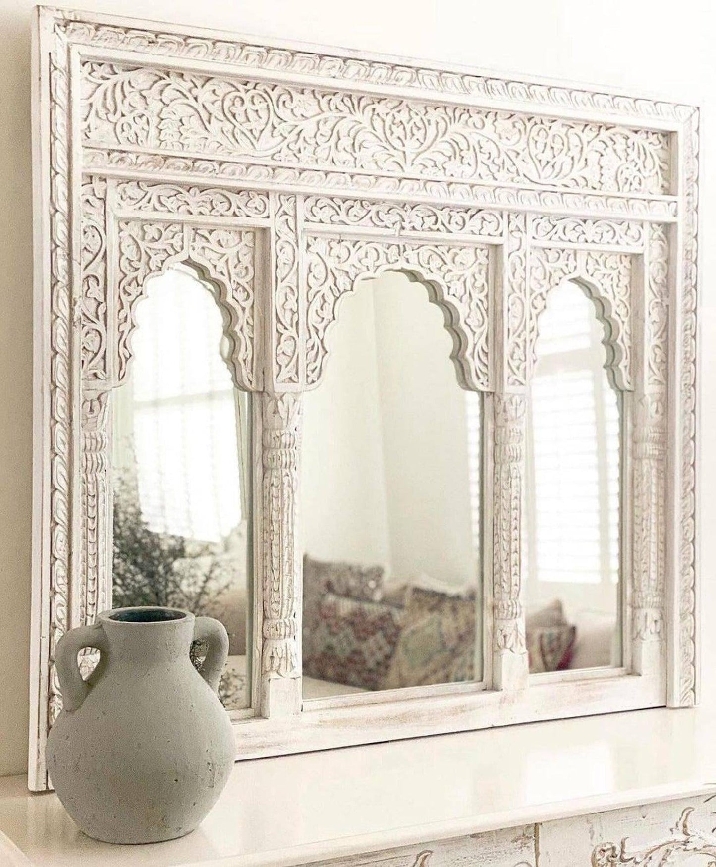 Triple Arch Jharokha Wooden Wall Mirror - MAIA HOMES