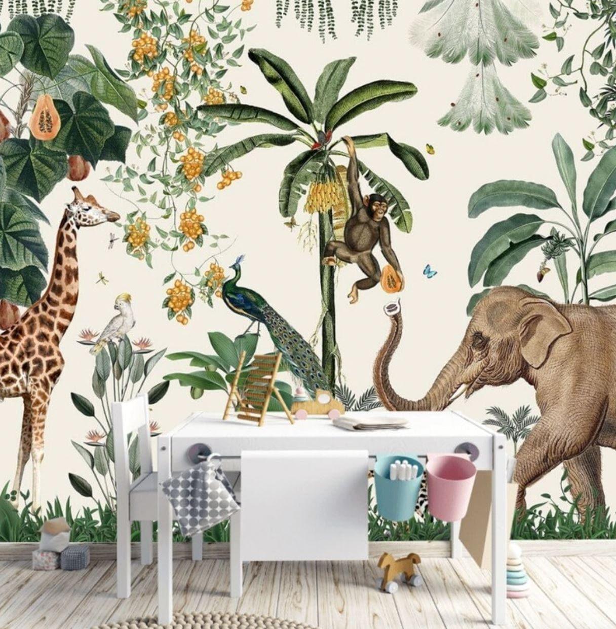 Tropical Animals in the Jungle Nursery Wallpaper Mural - MAIA HOMES