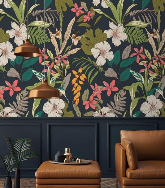 Tropical Bright Flowers and Leaves Textured Tropical Wallpaper - MAIA HOMES