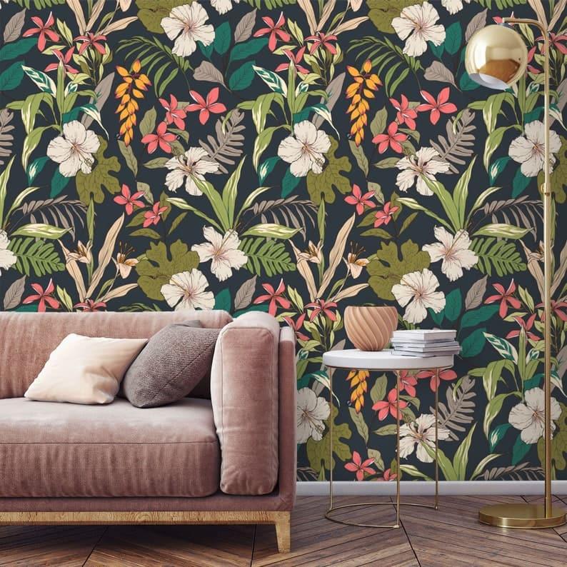 Tropical Bright Flowers and Leaves Textured Tropical Wallpaper