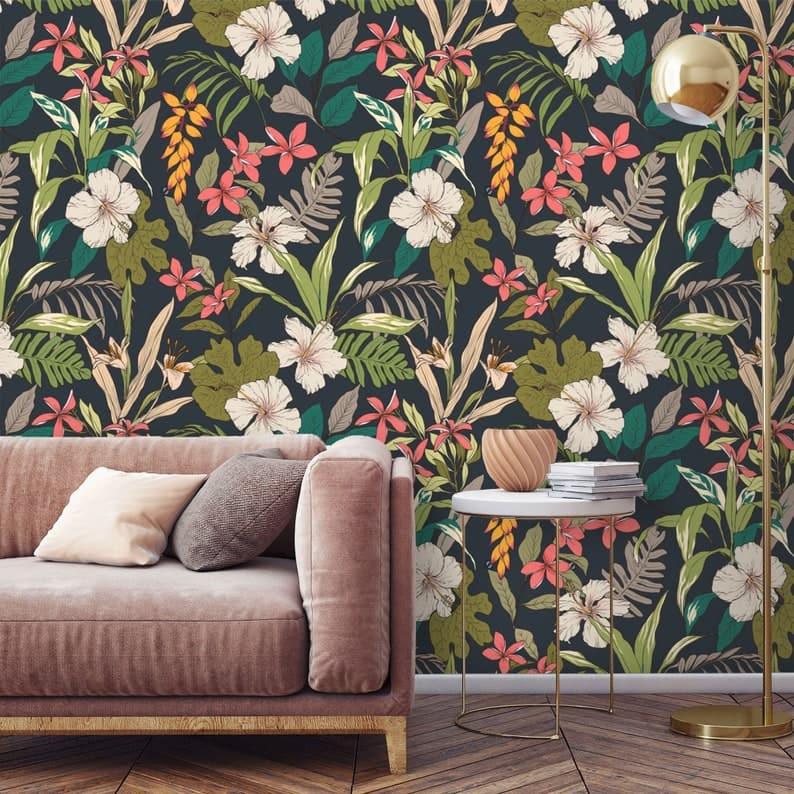 Tropical Bright Flowers and Leaves Textured Tropical Wallpaper - MAIA HOMES