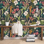 Tropical Bright Flowers and Leaves Textured Tropical Wallpaper