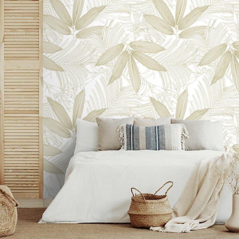 Tropical Palm Leaves Neutral Wallpaper - MAIA HOMES