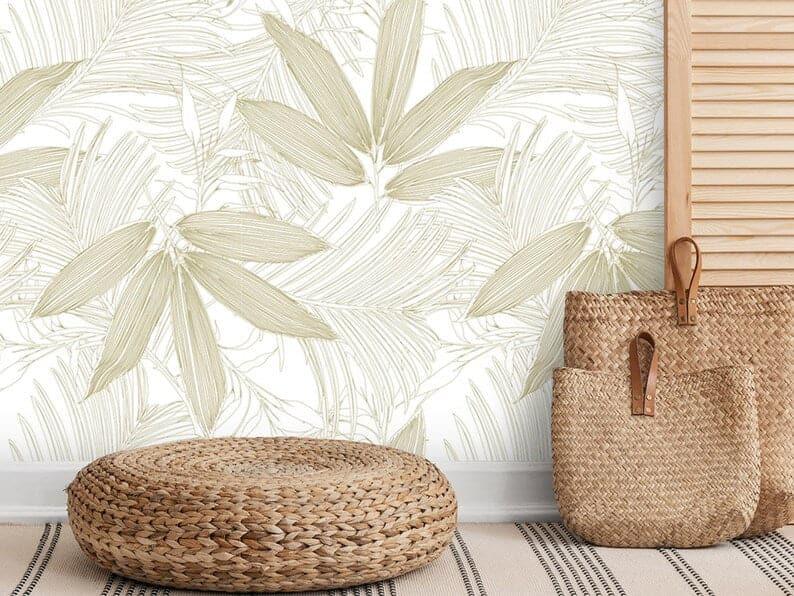 Tropical Palm Leaves Neutral Wallpaper - MAIA HOMES