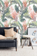 Tropical Paradise Floral and Banana Leaves Wallpaper