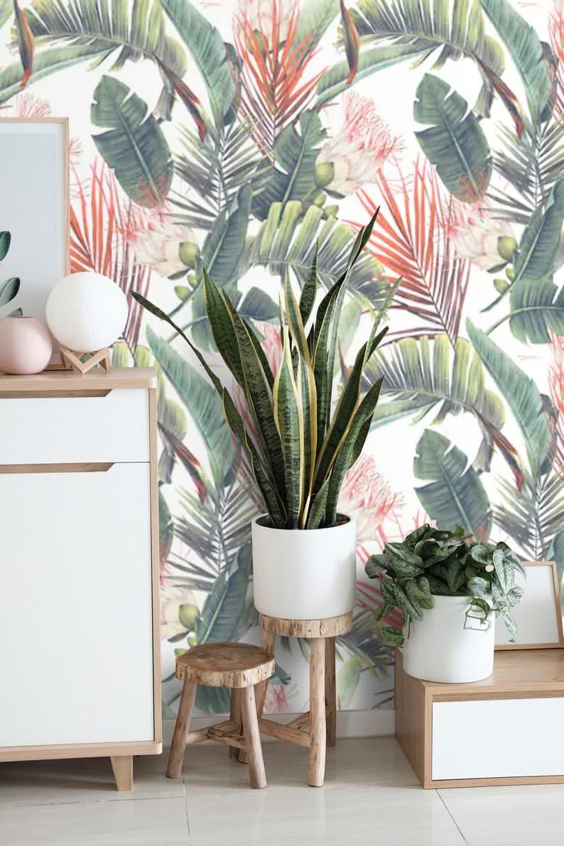 Tropical Paradise Floral and Banana Leaves Wallpaper