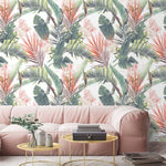 Tropical Paradise Floral and Banana Leaves Wallpaper