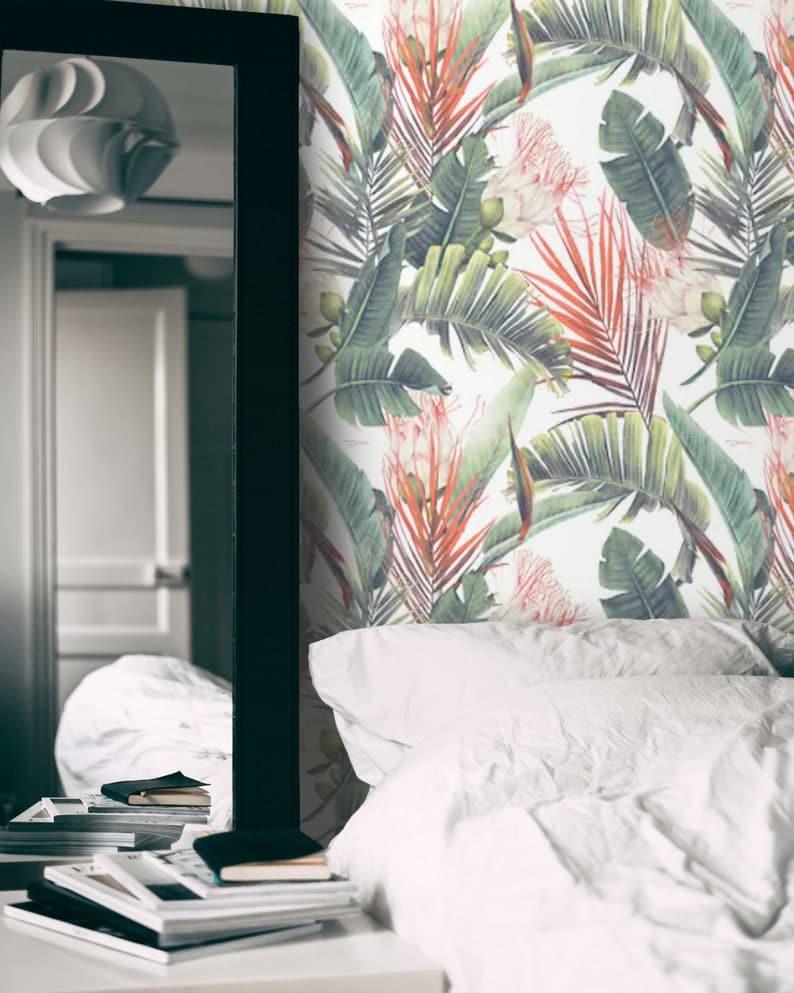 Tropical Paradise Floral and Banana Leaves Wallpaper