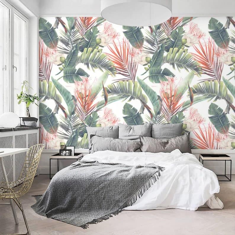 Tropical Paradise Floral and Banana Leaves Wallpaper