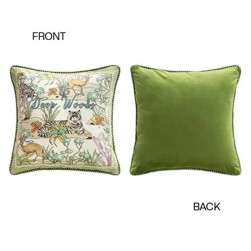 Tropical Tiger and Deers Floral Velvet Pillow Cover showing the Deep Woods jungle scene on the front and solid olive velvet back