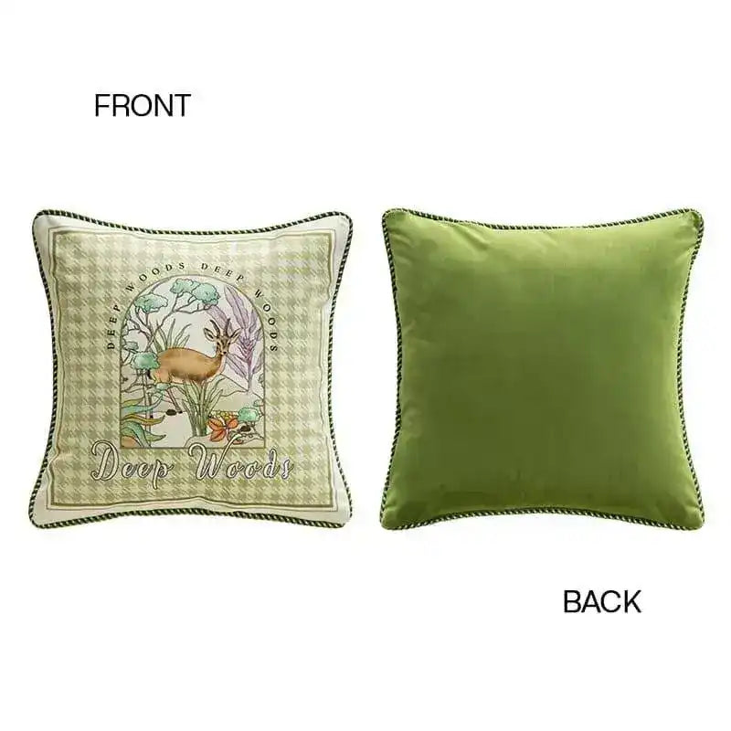 Tropical Tiger and Deers Floral Velvet Pillow Cover front panel with a gazelle in an arched Deep Woods frame, olive velvet reverse