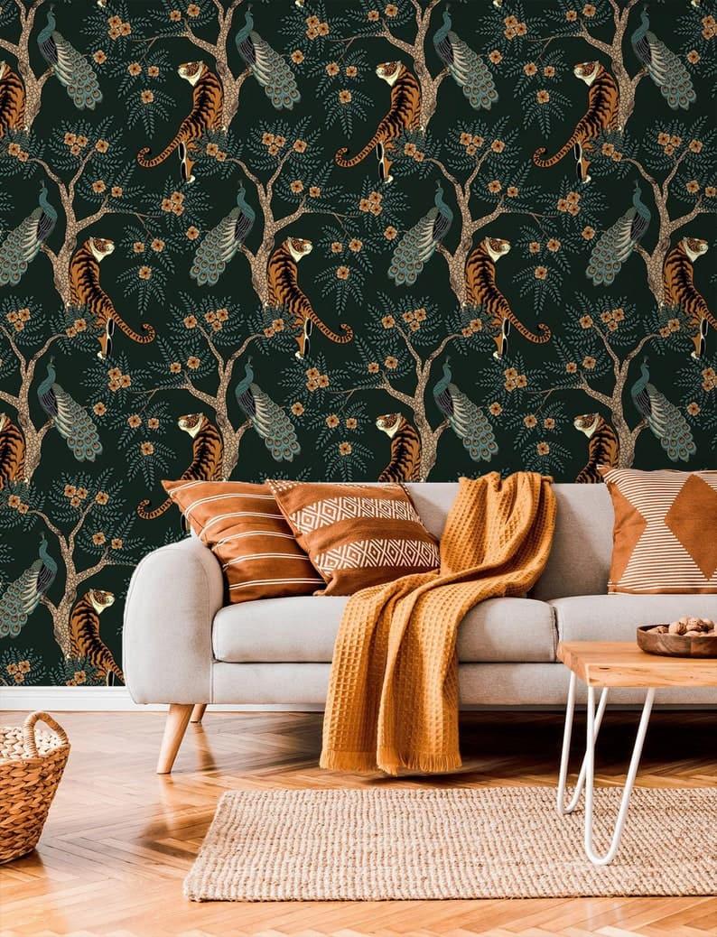 Tropical Tigers in the Dark Wild Wallpaper - MAIA HOMES