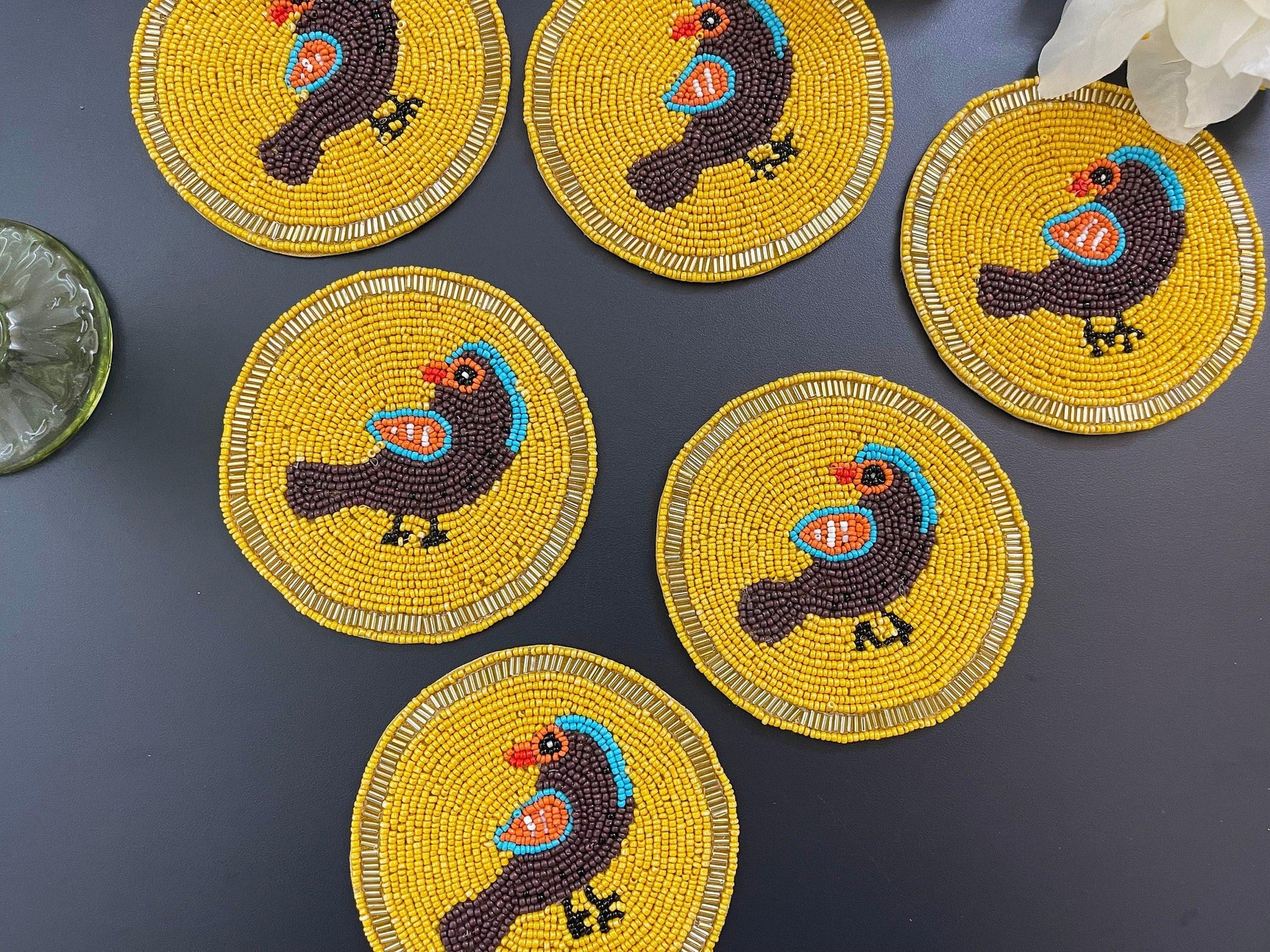 Turkey Bird Round Beaded Coasters Set of 6, Bird