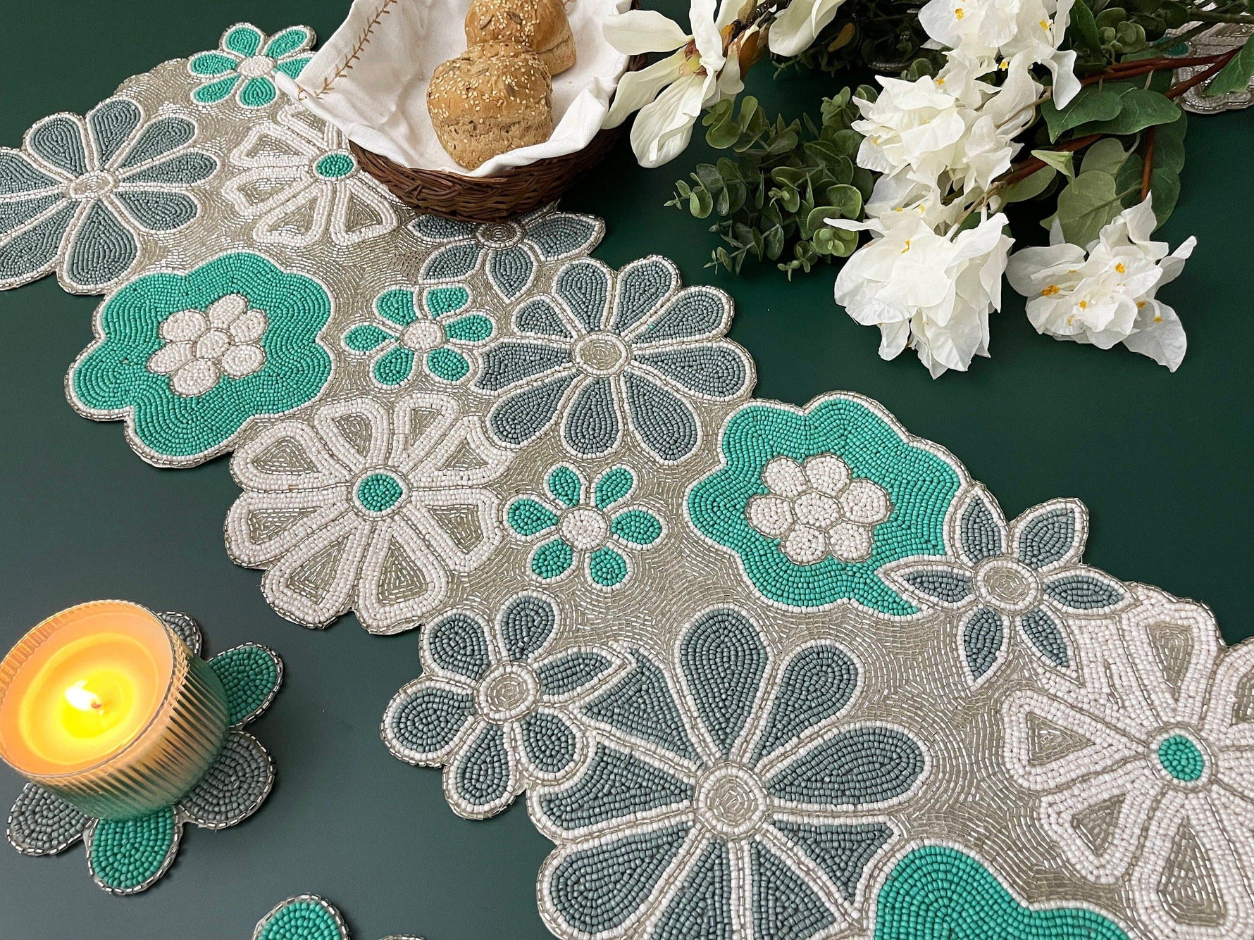 Turquoise Floral Beaded Table Runner and Placemat Set