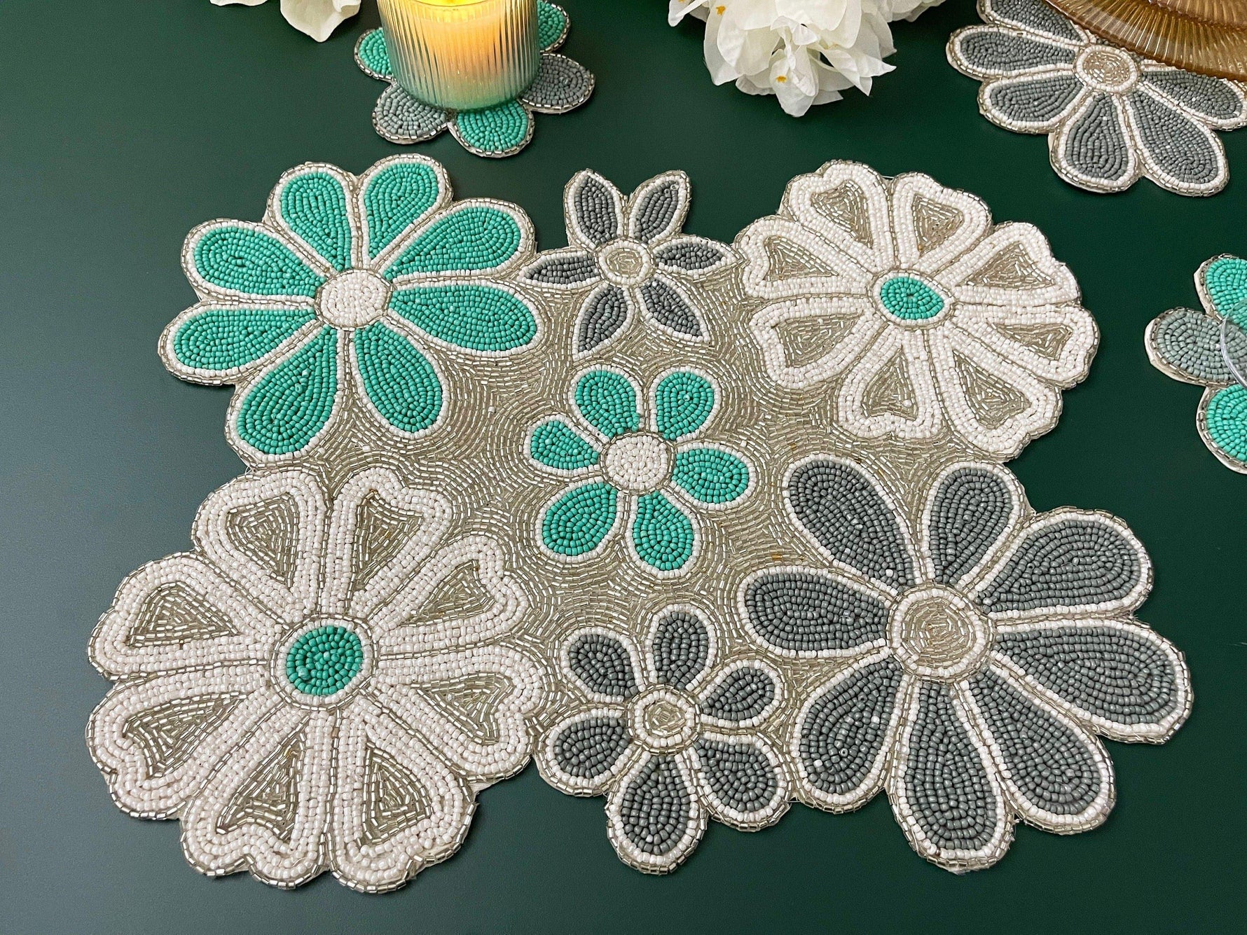 Turquoise Floral Beaded Table Runner and Placemat Set Placemat Set of 2