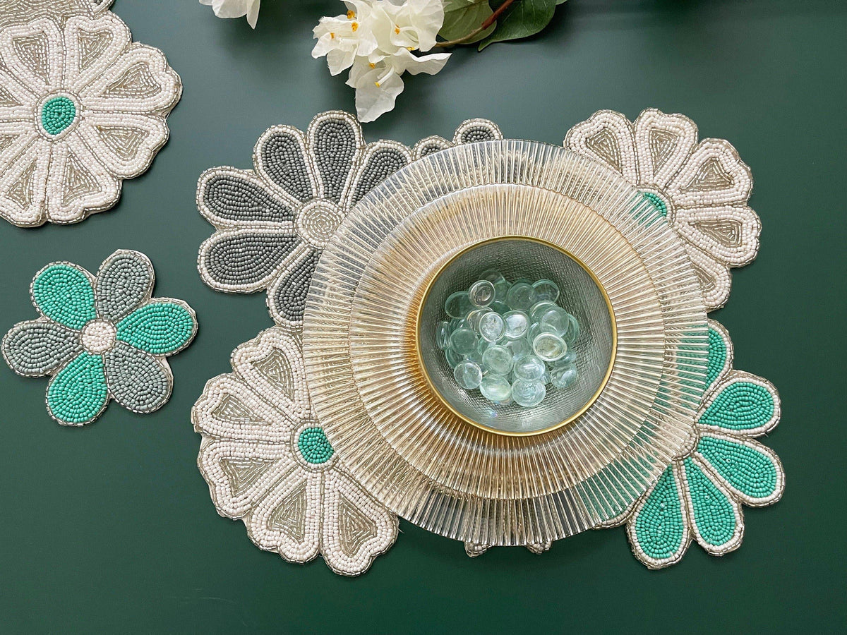 Turquoise Floral Beaded Table Runner and Placemat Set