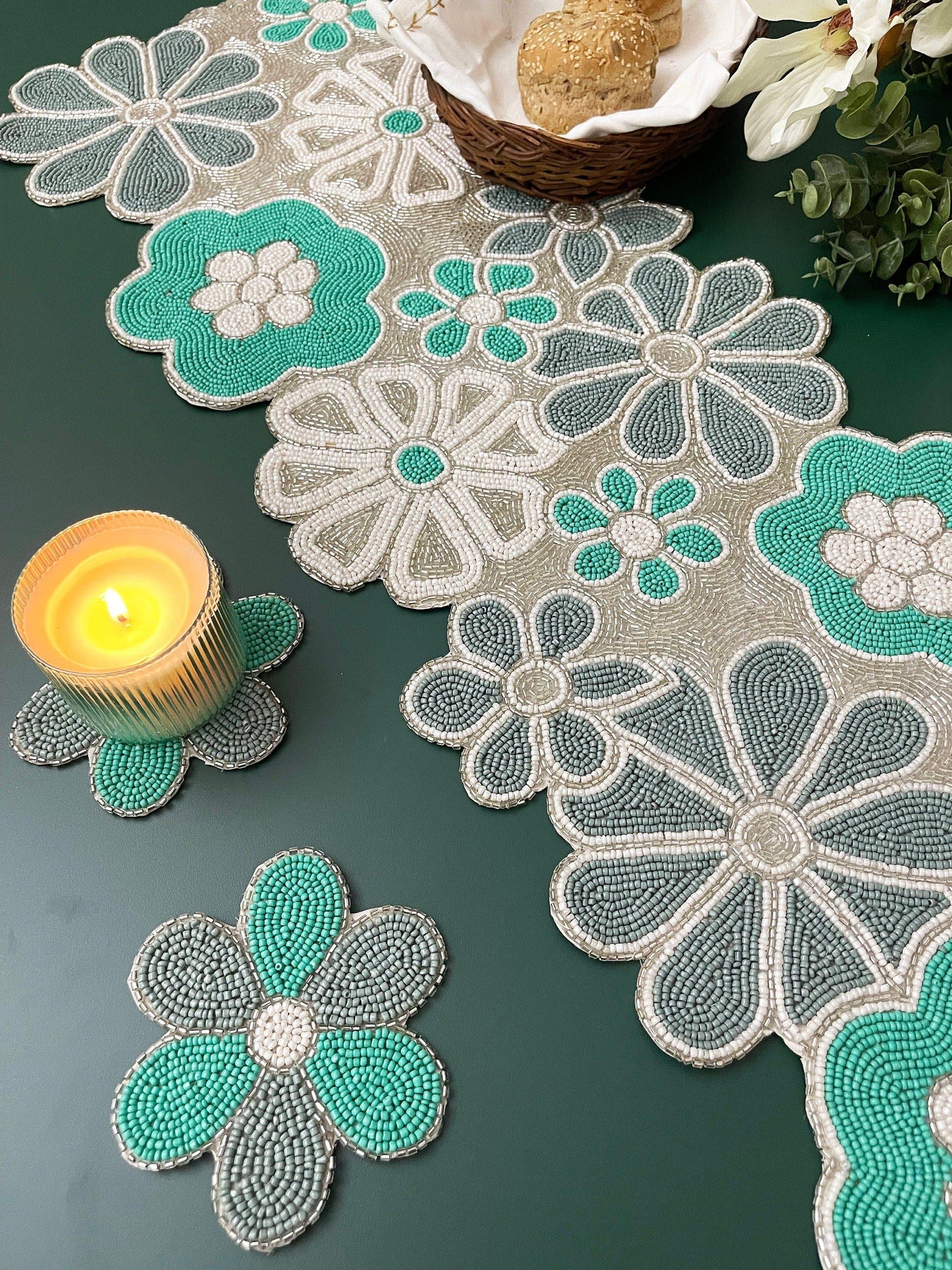 Turquoise Floral Beaded Table Runner and Placemat Set