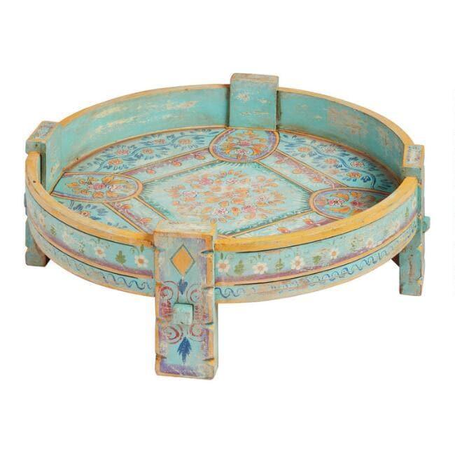 Turquoise Hand Painted Carved Wooden Chakki Table