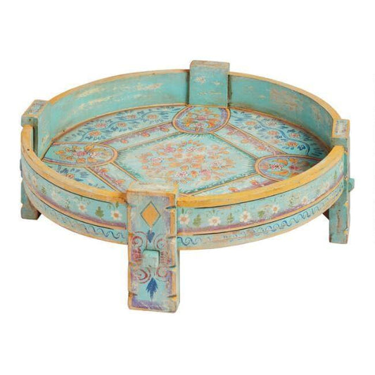 Turquoise Hand Painted Carved Wooden Chakki Table - MAIA HOMES