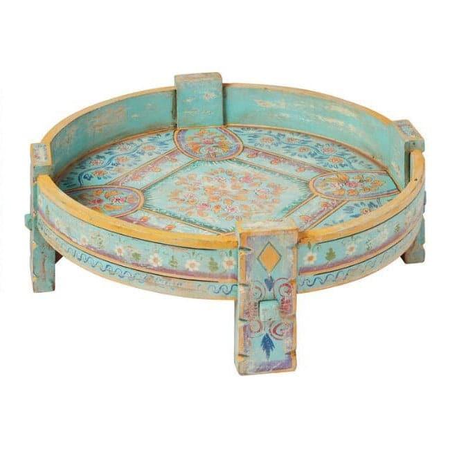 Turquoise Hand Painted Carved Wooden Chakki Table