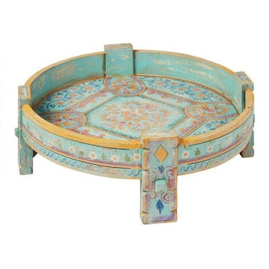 Turquoise Hand Painted Carved Wooden Chakki Table - MAIA HOMES