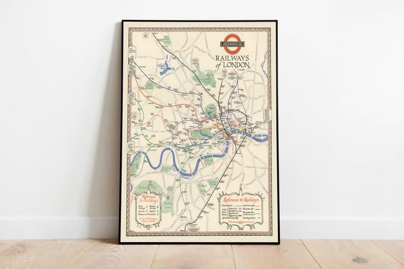 Underground Railways of London Map Print from 1928| Vintage Transportation Map Prints - MAIA HOMES