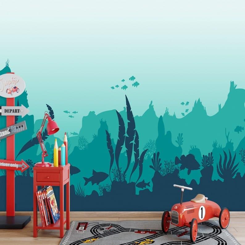 Underworld Sea Animals and Ferns Nursery Wallpaper