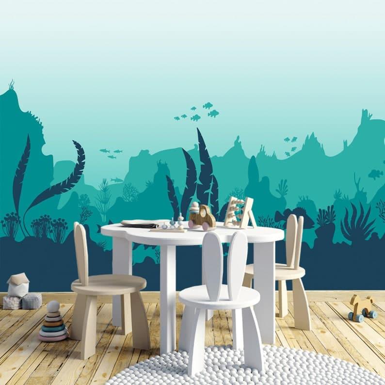 Underworld Sea Animals and Ferns Nursery Wallpaper