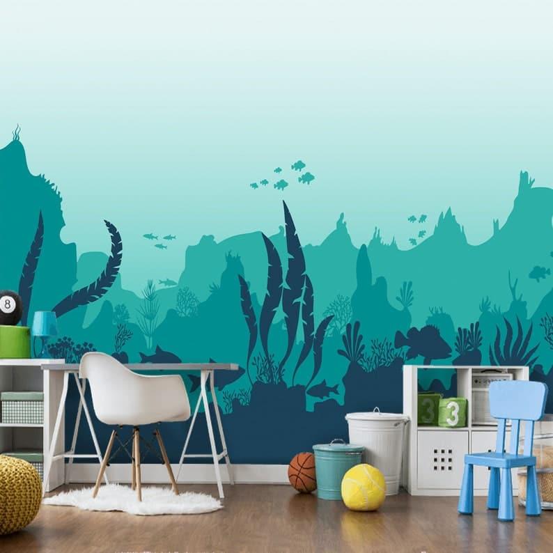 Underworld Sea Animals and Ferns Nursery Wallpaper