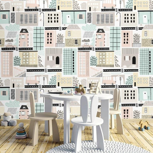 Urban City Houses Illustrated Wallpaper - MAIA HOMES