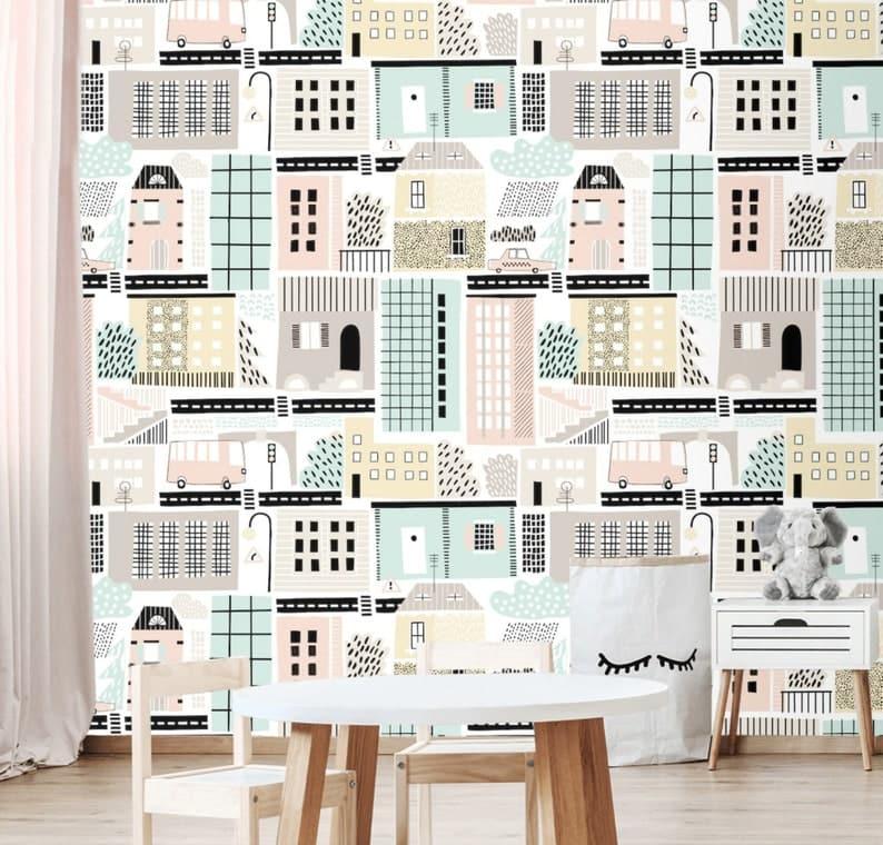 Urban City Houses Illustrated Wallpaper