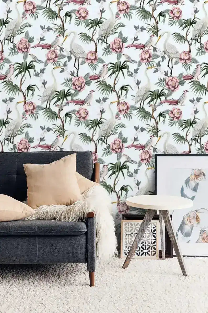 Vintage Cranes Botanical Wallpaper