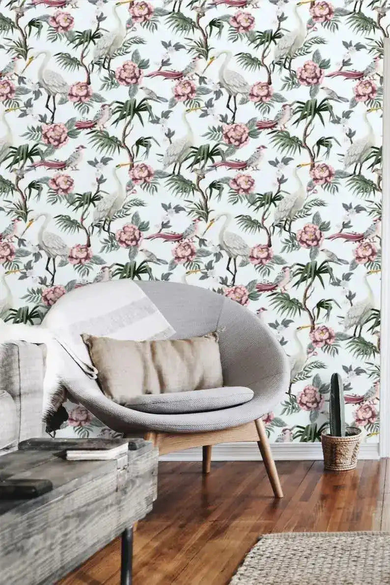 Vintage Cranes Botanical Wallpaper