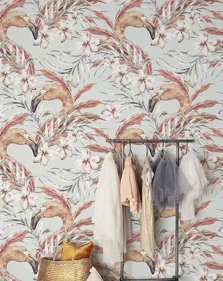 Vintage Flamingo Bird and Foliage Wallpaper