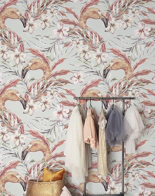 Vintage Flamingo Bird and Foliage Wallpaper - MAIA HOMES