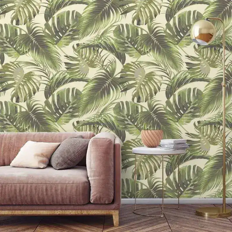 Vintage Green Monstera Palm Leaves Wallpaper