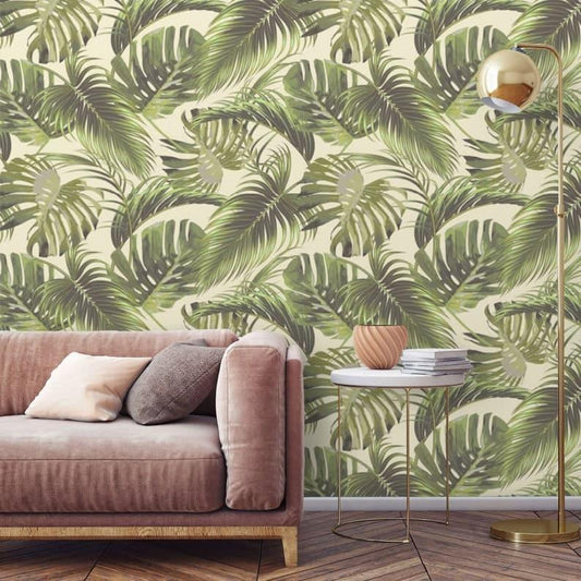 Vintage Green Monstera Palm Leaves Wallpaper - MAIA HOMES