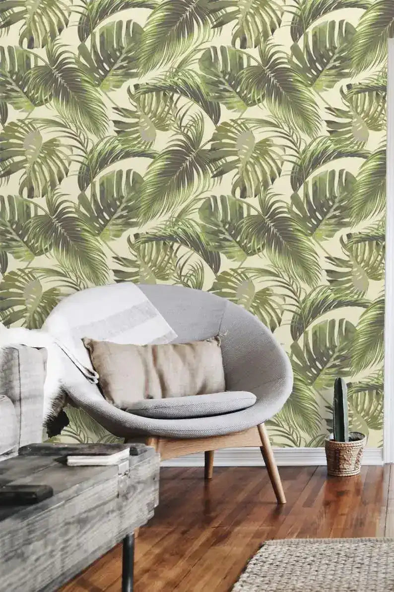 Vintage Green Monstera Palm Leaves Wallpaper
