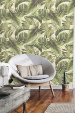 Vintage Green Monstera Palm Leaves Wallpaper