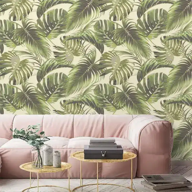 Vintage Green Monstera Palm Leaves Wallpaper